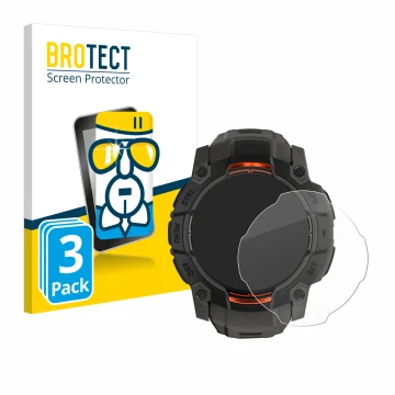 Face avant d’un emballage produit avec le logo de la marque BROTECT. À côté, l’appareil Garmin Instinct 3 Solar (45 mm) est re