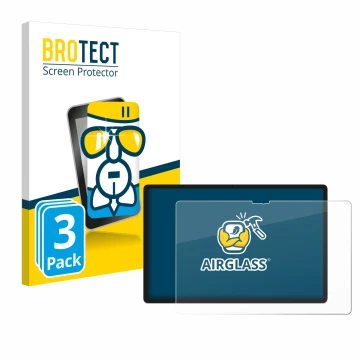 Face avant d’un emballage produit avec le logo de la marque BROTECT. À côté, l’appareil Lenovo Yoga Tab 2025 est représenté av