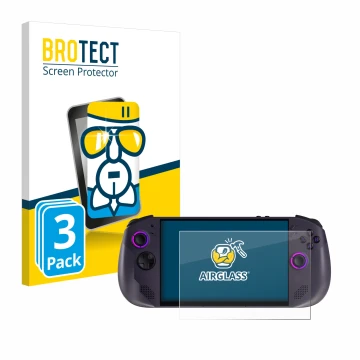 Face avant d’un emballage produit avec le logo de la marque BROTECT. À côté, l’appareil Lenovo Legion Go S est représenté avec