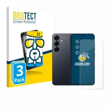 Face avant d’un emballage produit avec le logo de la marque BROTECT. À côté, l’appareil Samsung Galaxy S25 (Avant+Caméra) est 