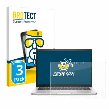 Face avant d’un emballage produit avec le logo de la marque BROTECT. À côté, l’appareil Dell Pro 14 Plus 2-in-1 PB14250 est re