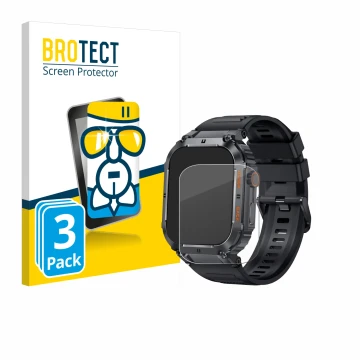 Face avant d’un emballage produit avec le logo de la marque BROTECT. À côté, l’appareil bedee Smartwatch 1.96