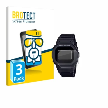 Face avant d’un emballage produit avec le logo de la marque BROTECT. À côté, l’appareil Casio G-Shock DW-5600RL-1 est représen