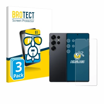 Face avant d’un emballage produit avec le logo de la marque BROTECT. À côté, l’appareil Samsung Galaxy S25 Ultra (Avant+Caméra