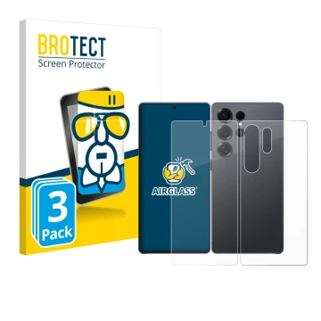 Face avant d’un emballage produit avec le logo de la marque BROTECT. À côté, l’appareil Samsung Galaxy S25 Ultra (Avant+Arrièr