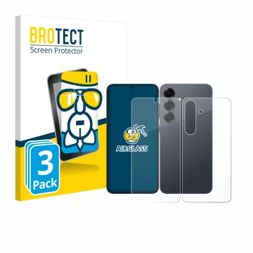 Face avant d’un emballage produit avec le logo de la marque BROTECT. À côté, l’appareil Samsung Galaxy S25 (Avant+Arrière) est