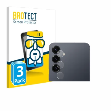 Face avant d’un emballage produit avec le logo de la marque BROTECT. À côté, l’appareil Samsung Galaxy S25 Plus (Caméra UNIQUE