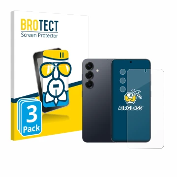 Face avant d’un emballage produit avec le logo de la marque BROTECT. À côté, l’appareil Samsung Galaxy S25 Plus (Avant+Caméra)