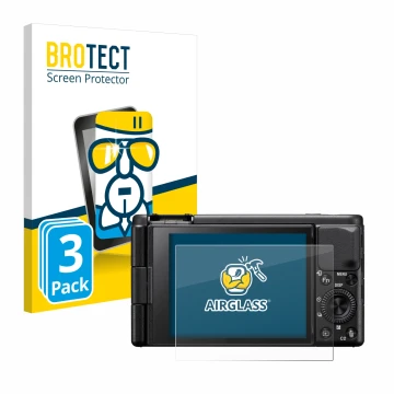 Face avant d’un emballage produit avec le logo de la marque BROTECT. À côté, l’appareil Sony ZV-1A est représenté avec la prot