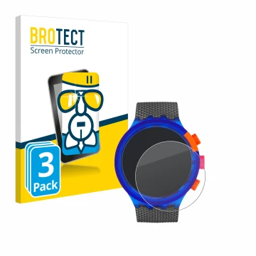 Face avant d’un emballage produit avec le logo de la marque BROTECT. À côté, l’appareil Swatch Neon Party est représenté avec 