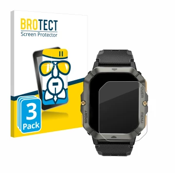 Face avant d’un emballage produit avec le logo de la marque BROTECT. À côté, l’appareil Banlvs Smartwatch 2.02