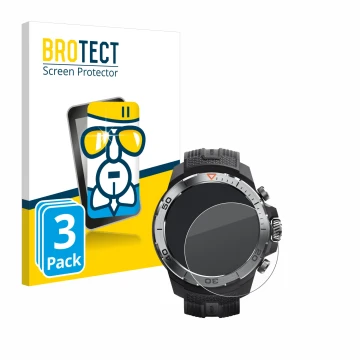 Face avant d’un emballage produit avec le logo de la marque BROTECT. À côté, l’appareil Xiaomi Mibro GS Explorer est représent