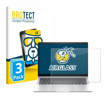 Face avant d’un emballage produit avec le logo de la marque BROTECT. À côté, l’appareil HP EliteBook X Flip G1i 14