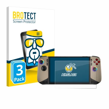 Face avant d’un emballage produit avec le logo de la marque BROTECT. À côté, l’appareil MSI Claw 8 AI+ est représenté avec la 