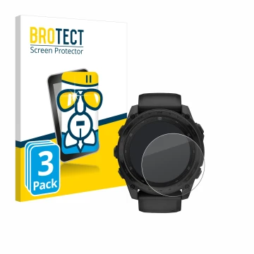 Face avant d’un emballage produit avec le logo de la marque BROTECT. À côté, l’appareil Garmin Tactix 8 AMOLED (51 mm) est rep