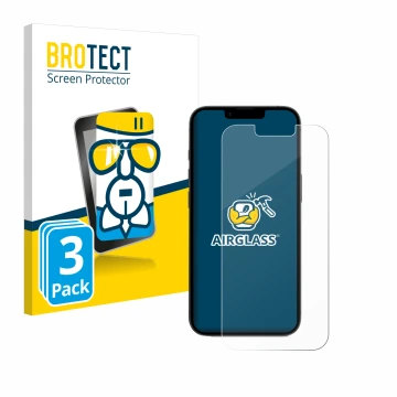 Face avant d’un emballage produit avec le logo de la marque BROTECT. À côté, l’appareil Apple iPhone 16e est représenté avec l