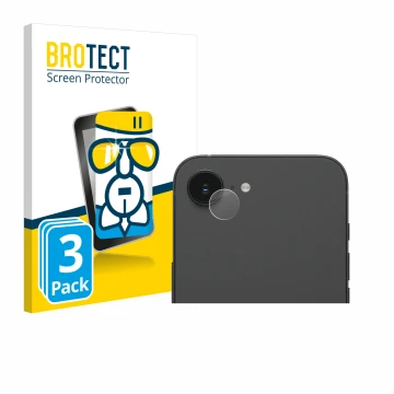 Face avant d’un emballage produit avec le logo de la marque BROTECT. À côté, l’appareil Apple iPhone 16e (Caméra UNIQUEMENT) e