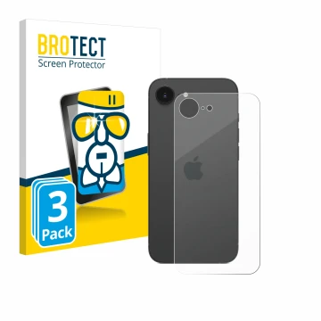 Face avant d’un emballage produit avec le logo de la marque BROTECT. À côté, l’appareil Apple iPhone 16e (Arrière) est représe
