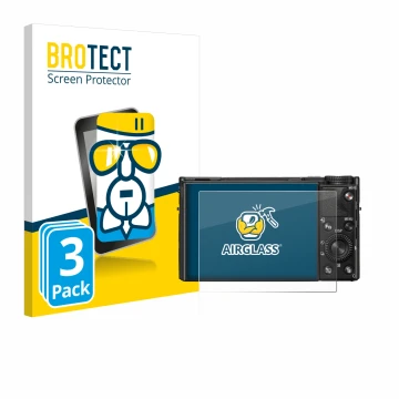 Face avant d’un emballage produit avec le logo de la marque BROTECT. À côté, l’appareil Sony Cyber-Shot DSC-RX100 VIIA est rep