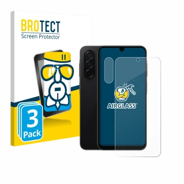Face avant d’un emballage produit avec le logo de la marque BROTECT. À côté, l’appareil Samsung Galaxy A26 5G (Avant+Caméra) e