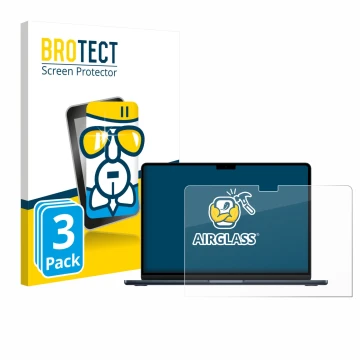 Face avant d’un emballage produit avec le logo de la marque BROTECT. À côté, l’appareil Apple MacBook Air 13