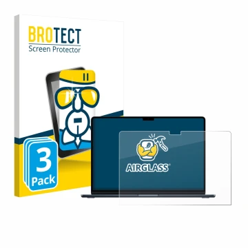 Face avant d’un emballage produit avec le logo de la marque BROTECT. À côté, l’appareil Apple MacBook Air 15