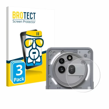 Face avant d’un emballage produit avec le logo de la marque BROTECT. À côté, l’appareil Nothing Phone (3a) Pro (Caméra UNIQUEM