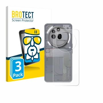 Face avant d’un emballage produit avec le logo de la marque BROTECT. À côté, l’appareil Nothing Phone (3a) Pro (Arrière) est r
