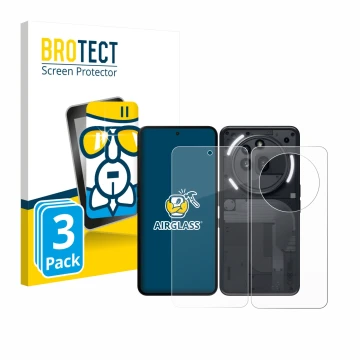 Face avant d’un emballage produit avec le logo de la marque BROTECT. À côté, l’appareil Nothing Phone (3a) Pro (Avant+Arrière)