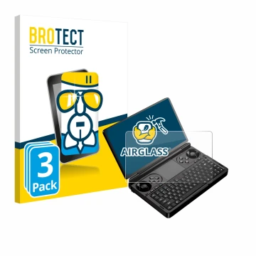 Face avant d’un emballage produit avec le logo de la marque BROTECT. À côté, l’appareil GPD Win Mini (2025) est représenté ave
