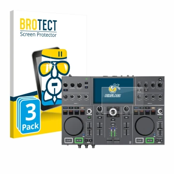 Face avant d’un emballage produit avec le logo de la marque BROTECT. À côté, l’appareil Denon DJ Prime Go+ est représenté avec