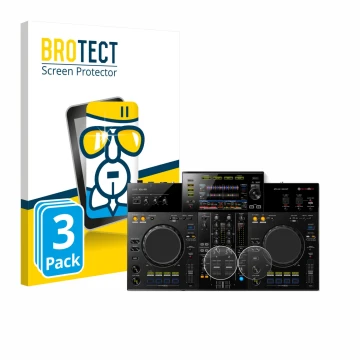 Face avant d’un emballage produit avec le logo de la marque BROTECT. À côté, l’appareil Pioneer XDJ -RR (Jog) est représenté a