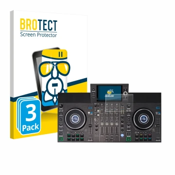 Face avant d’un emballage produit avec le logo de la marque BROTECT. À côté, l’appareil Denon DJ SC LIVE 4 (Jog) est représent
