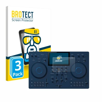 Face avant d’un emballage produit avec le logo de la marque BROTECT. À côté, l’appareil AlphaTheta OMNIS-Duo (Jog) est représe