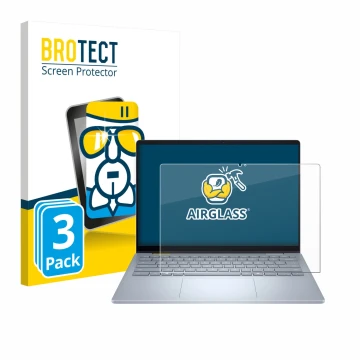 Face avant d’un emballage produit avec le logo de la marque BROTECT. À côté, l’appareil Dell 14 Plus 2-in-1 est représenté ave