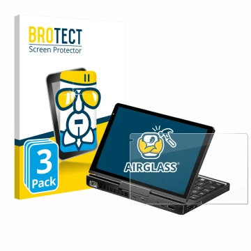 Face avant d’un emballage produit avec le logo de la marque BROTECT. À côté, l’appareil GPD Pocket 4 est représenté avec la pr