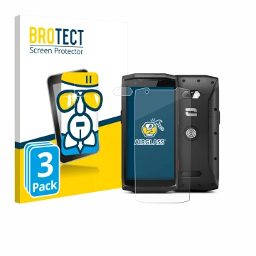 Face avant d’un emballage produit avec le logo de la marque BROTECT. À côté, l’appareil Crosscall Core-M5 (Avant+Caméra) est r