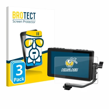 Face avant d’un emballage produit avec le logo de la marque BROTECT. À côté, l’appareil Feelworld F5 PROX 5,5