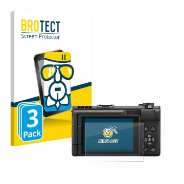 Face avant d’un emballage produit avec le logo de la marque BROTECT. À côté, l’appareil Canon PowerShot V1 est représenté avec