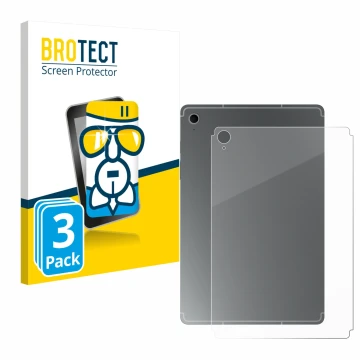 Face avant d’un emballage produit avec le logo de la marque BROTECT. À côté, l’appareil Samsung Galaxy Tab S10 FE (Arrière) es