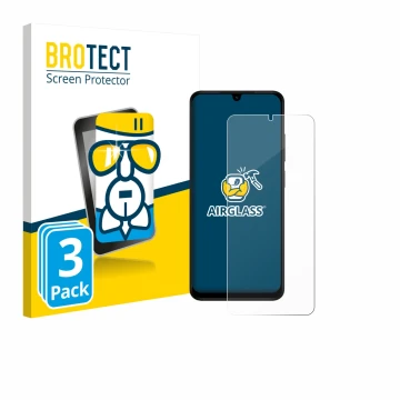 Face avant d’un emballage produit avec le logo de la marque BROTECT. À côté, l’appareil Xiaomi Redmi A5 est représenté avec la