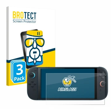 Face avant d’un emballage produit avec le logo de la marque BROTECT. À côté, l’appareil Nintendo Switch 2 est représenté avec 
