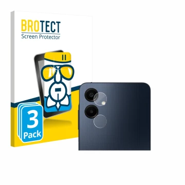Face avant d’un emballage produit avec le logo de la marque BROTECT. À côté, l’appareil Samsung Galaxy A06 5G (Caméra UNIQUEME