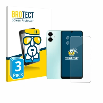Face avant d’un emballage produit avec le logo de la marque BROTECT. À côté, l’appareil Samsung Galaxy A06 5G (Avant+Caméra) e