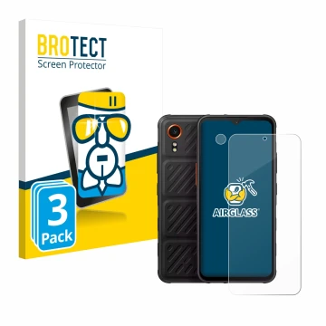 Face avant d’un emballage produit avec le logo de la marque BROTECT. À côté, l’appareil Samsung Galaxy XCover 7 Enterprise Edi