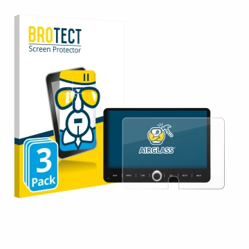 Face avant d’un emballage produit avec le logo de la marque BROTECT. À côté, l’appareil Dynavin D9-JP Plus 10.1