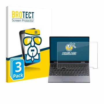 Face avant d’un emballage produit avec le logo de la marque BROTECT. À côté, l’appareil Chuwi MiniBook X N150 est représenté a