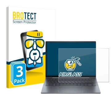 Face avant d’un emballage produit avec le logo de la marque BROTECT. À côté, l’appareil HP Dragonfly 13.5