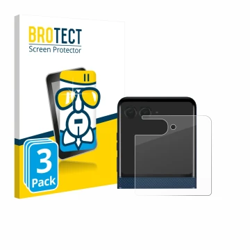 Face avant d’un emballage produit avec le logo de la marque BROTECT. À côté, l’appareil Motorola Razr 60 (Affichage arrière) e