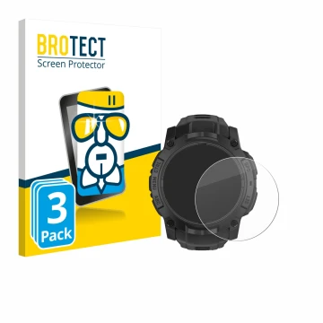 Face avant d’un emballage produit avec le logo de la marque BROTECT. À côté, l’appareil Garmin Instinct 3 Solar Tactical Editi